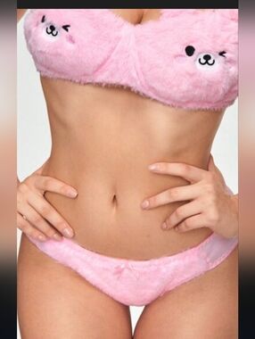 Pink Teddy Bear Plush Bra & Panty Set - Women Intimates